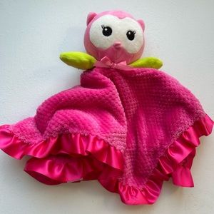 Okie Dokie hot pink plush stuffed blanket lovey owl rattle NWOT